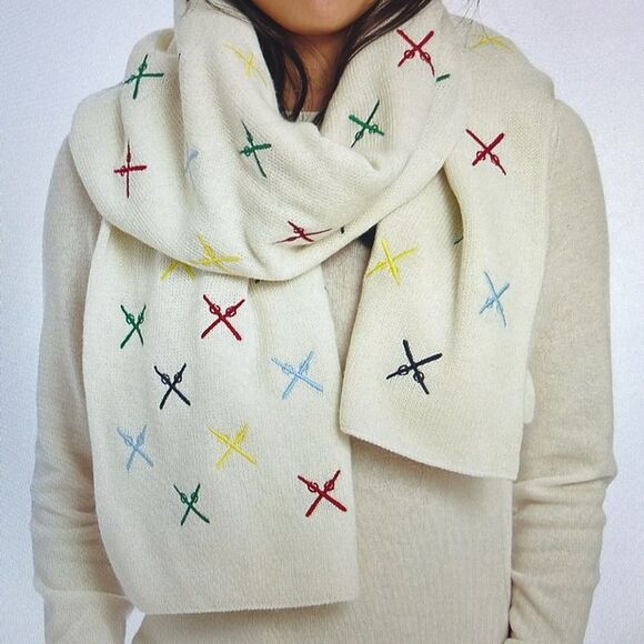 Mark & Graham Embroidered Ski Scarf Ivory Wool Blend Multicolor Ski Poles - Picture 1 of 12